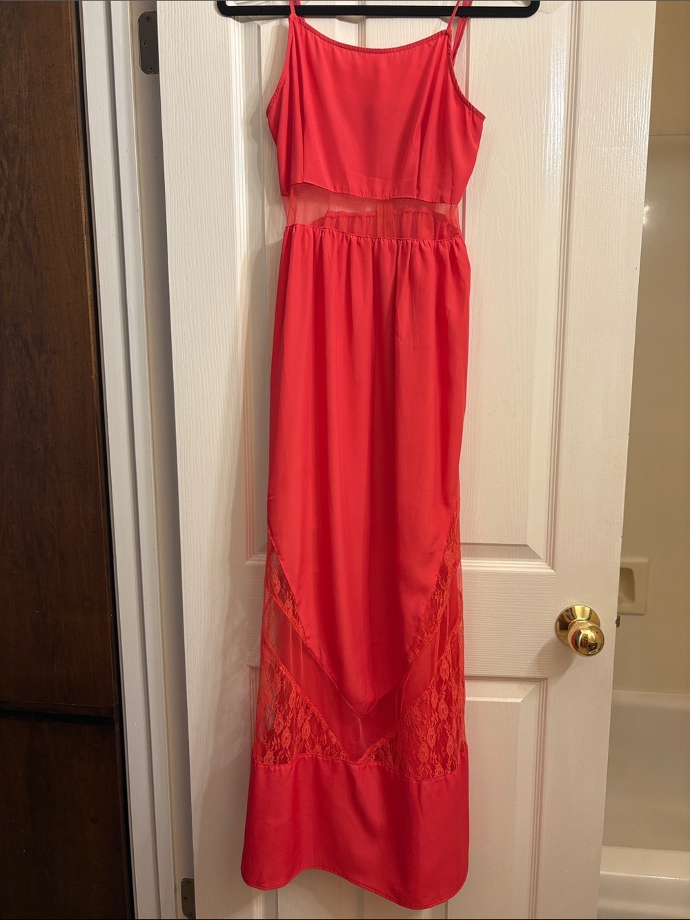 Red Lace-Panel Maxi Dress with Spaghetti Straps